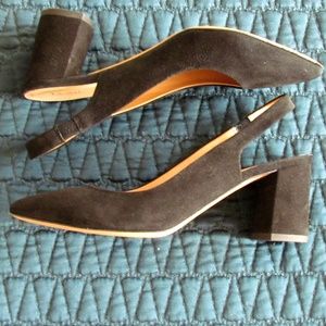 Black suede low heeled sling back pump